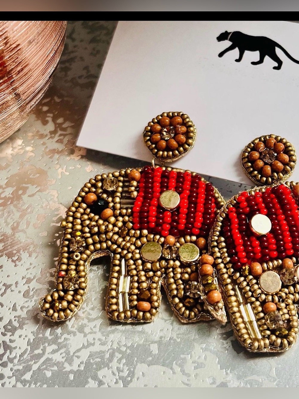 Beaded Elephant Statement Earrings Gold Red Safari Animal Kingdom